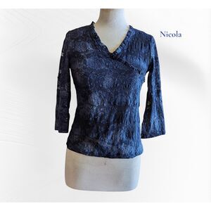 Nicola Petite Blue Lace Blouse 3/4 Sleeve Floral Sheer Top Stretch